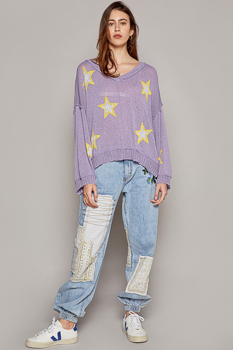 POL Star Prints Lightweight V Neck Long Sleeve Sweater Top