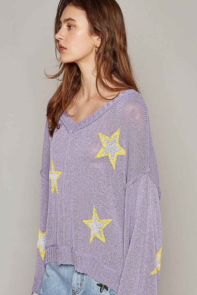 POL Star Prints Lightweight V Neck Long Sleeve Sweater Top