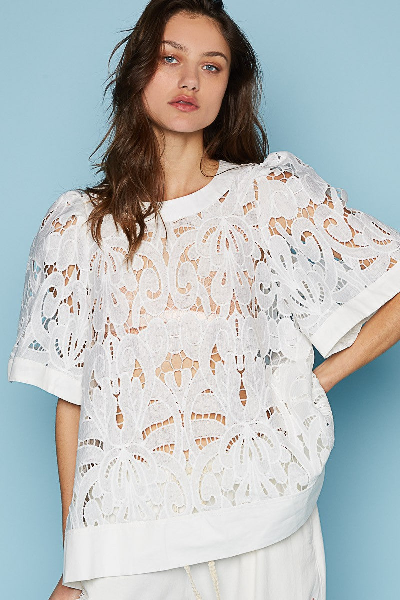 POL Round Necek Short Sleeve Back Button Crochet Top