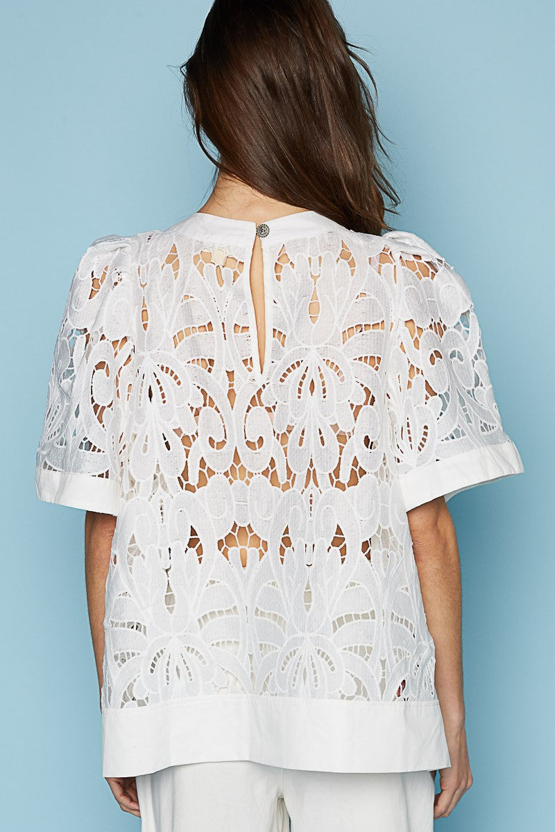 POL Round Necek Short Sleeve Back Button Crochet Top