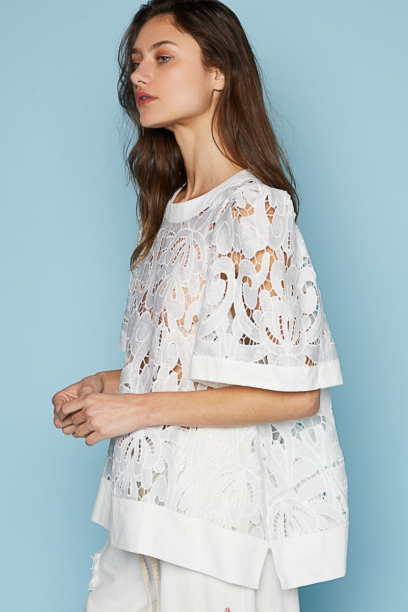 POL Round Necek Short Sleeve Back Button Crochet Top