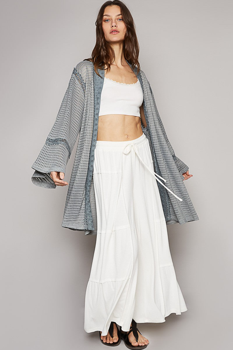 POL Long Ruffle Sleeve Cut Sew Solid Open Cardigan Top