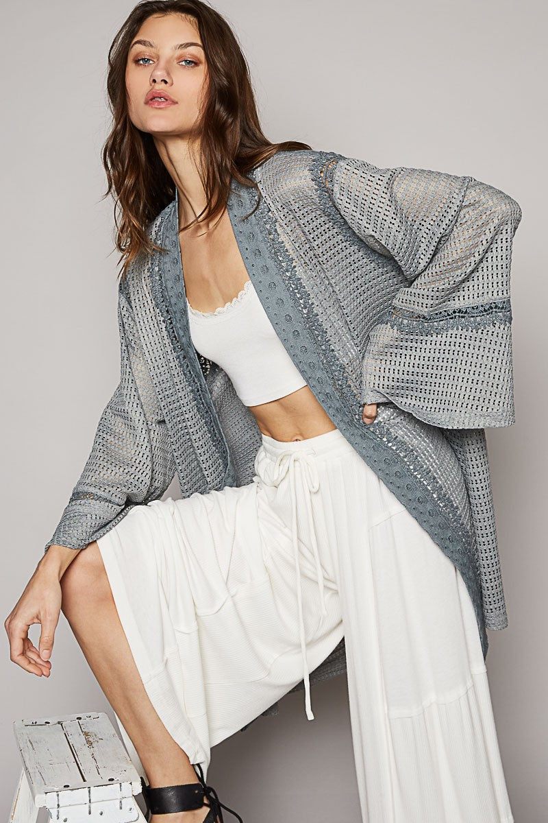 POL Long Ruffle Sleeve Cut Sew Solid Open Cardigan Top