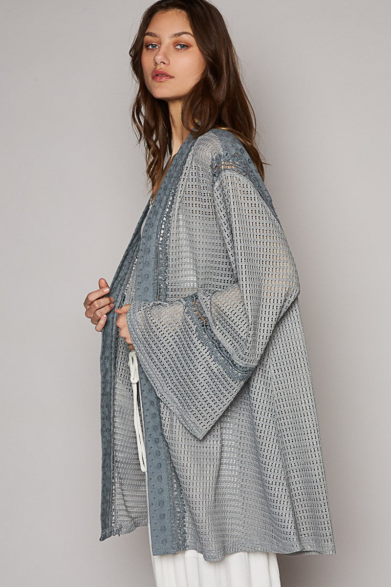 POL Long Ruffle Sleeve Cut Sew Solid Open Cardigan Top