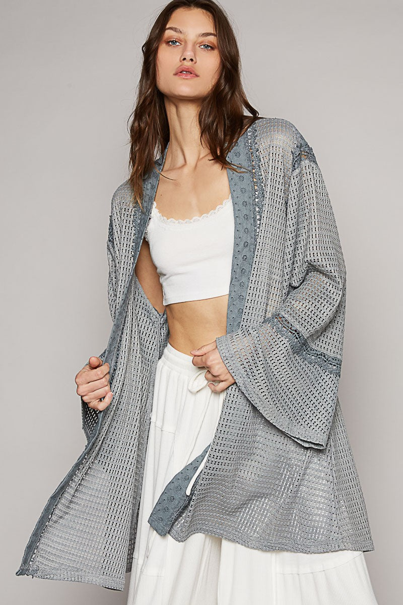 POL Long Ruffle Sleeve Cut Sew Solid Open Cardigan Top