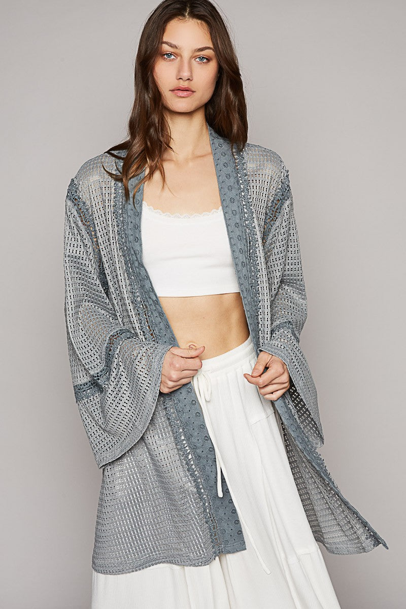 POL Long Ruffle Sleeve Cut Sew Solid Open Cardigan Top