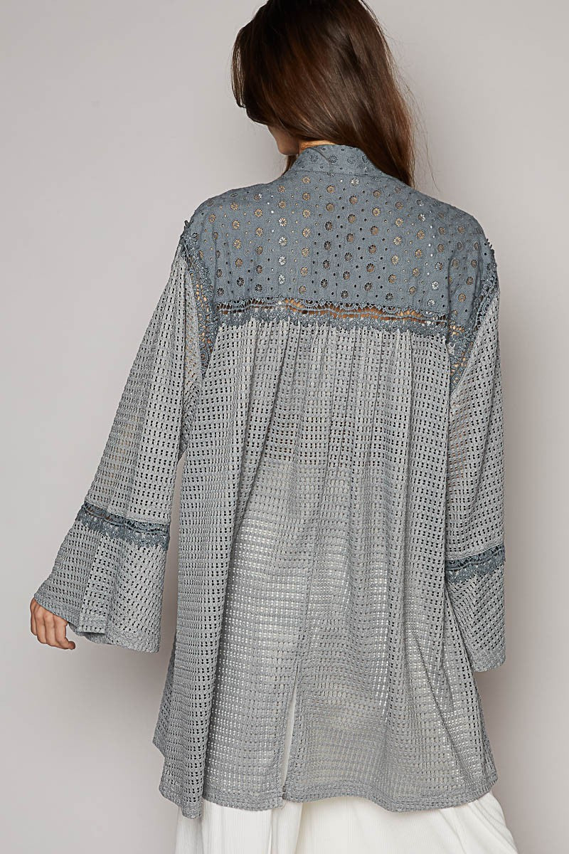 POL Long Ruffle Sleeve Cut Sew Solid Open Cardigan Top