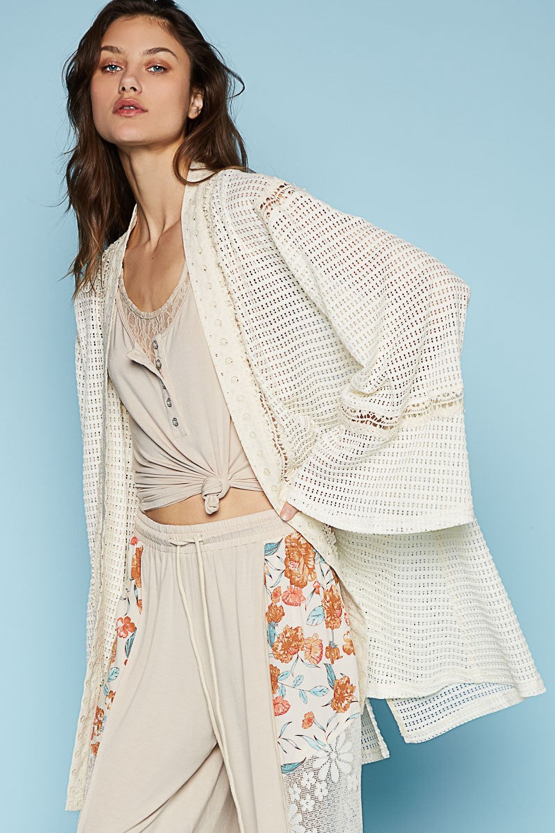 POL Long Ruffle Sleeve Cut Sew Solid Open Cardigan Top