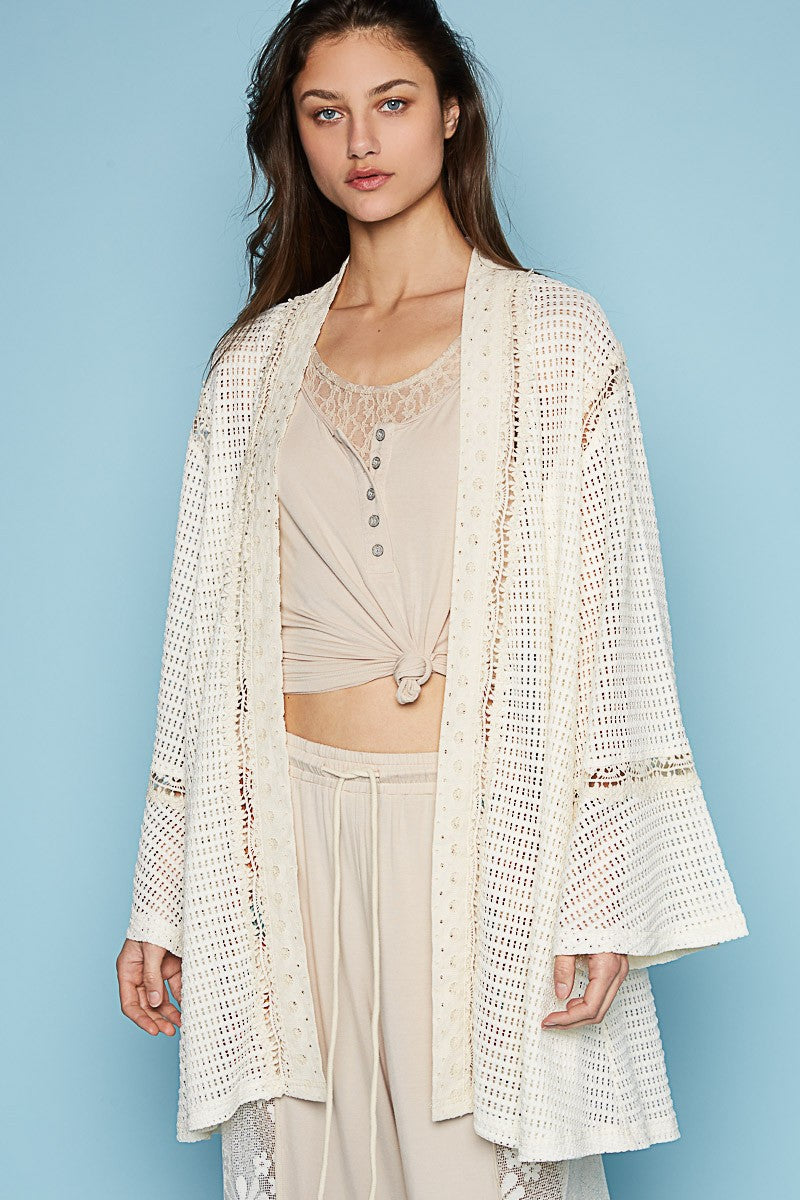 POL Long Ruffle Sleeve Cut Sew Solid Open Cardigan Top
