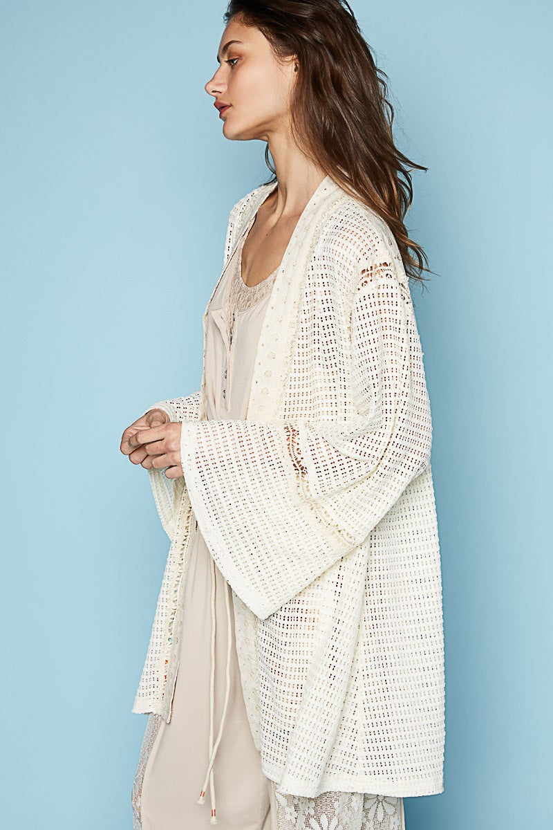POL Long Ruffle Sleeve Cut Sew Solid Open Cardigan Top