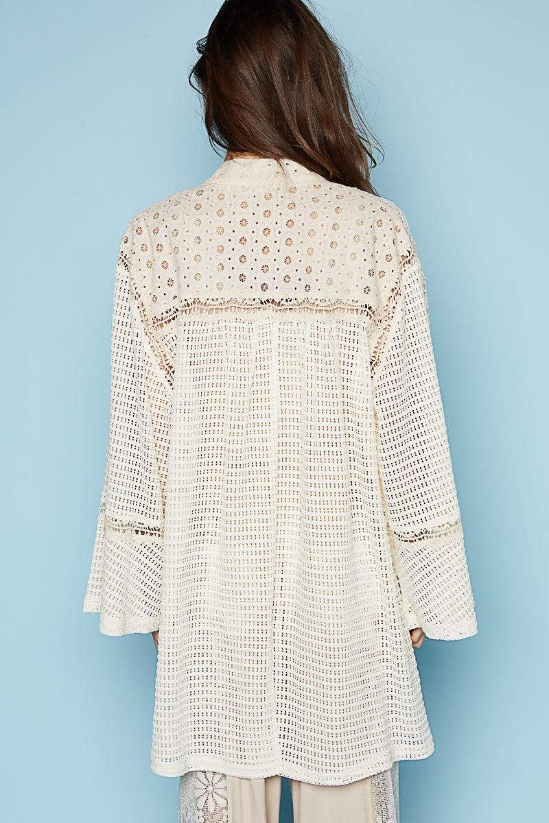 POL Long Ruffle Sleeve Cut Sew Solid Open Cardigan Top