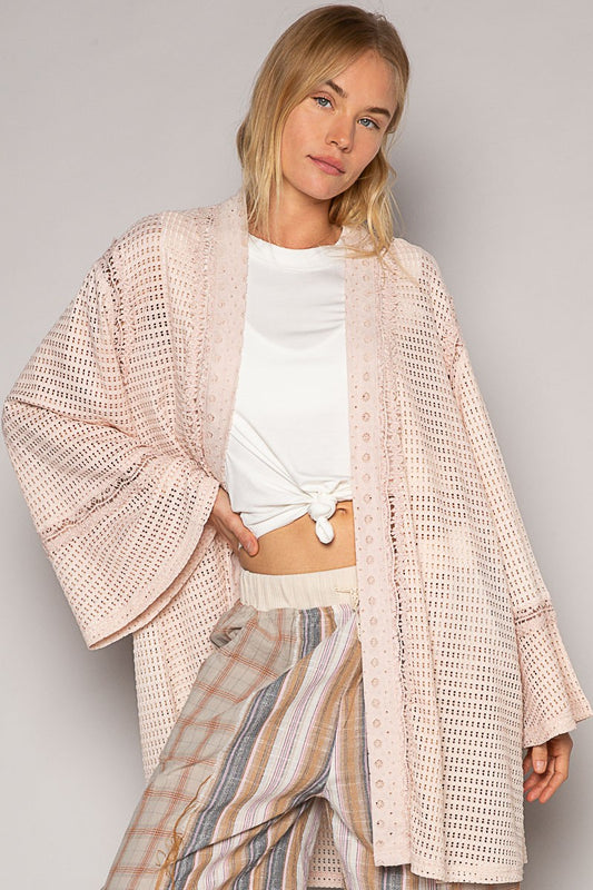 POL Long Ruffle Sleeve Cut Sew Solid Open Cardigan Top