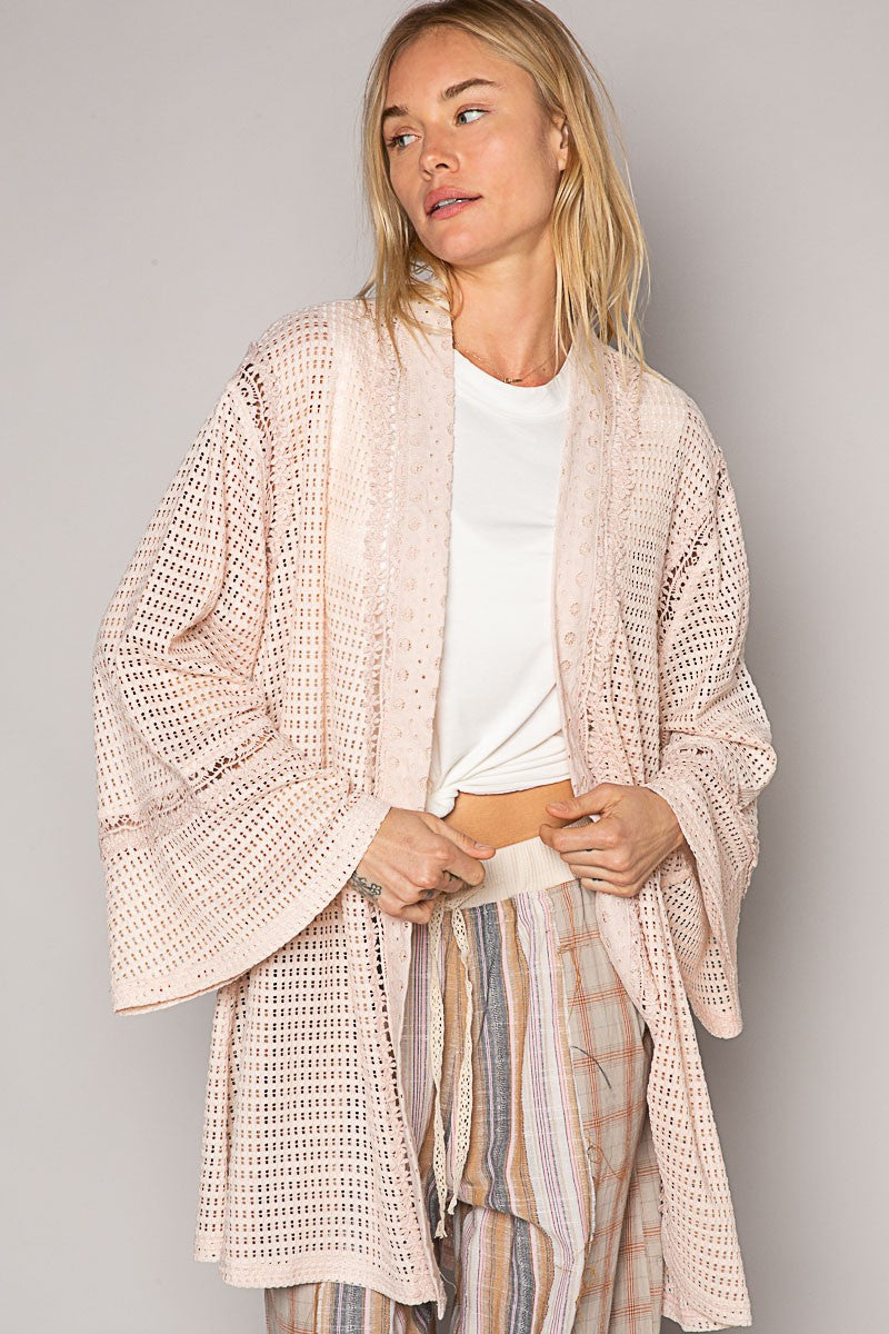 POL Long Ruffle Sleeve Cut Sew Solid Open Cardigan Top