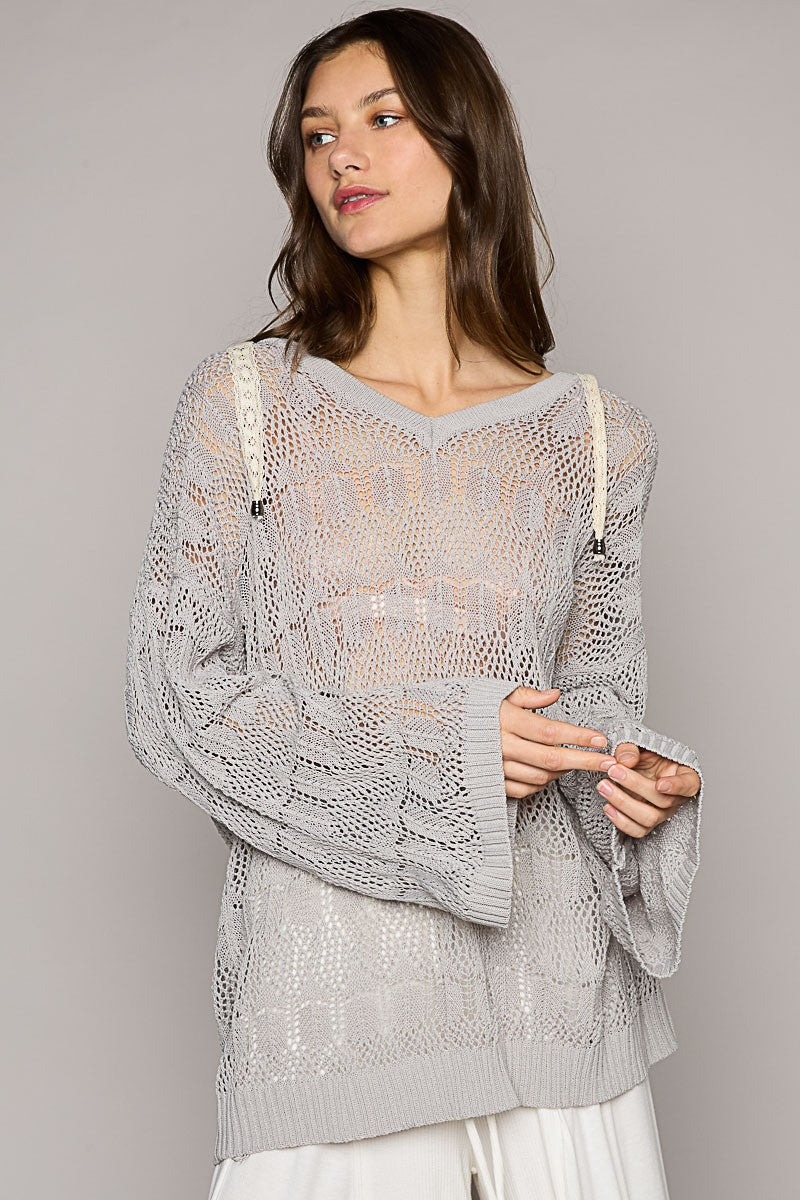 POL Oversize V-Neck Long Sleeve Solid Hoodie Sweater Top