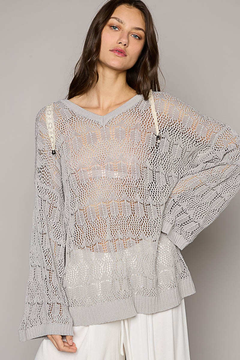 POL Oversize V-Neck Long Sleeve Solid Hoodie Sweater Top