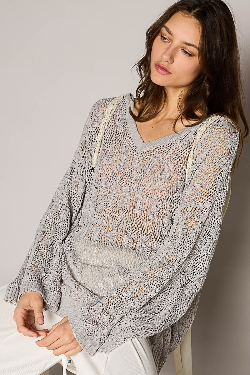 POL Oversize V-Neck Long Sleeve Solid Hoodie Sweater Top