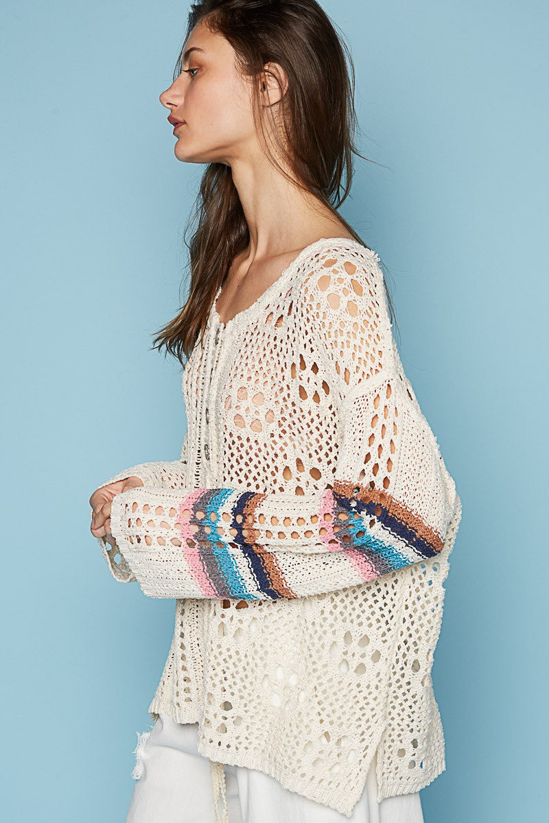 POL Round Neck Long Sleeve Stripe Sleeve Sweater Top