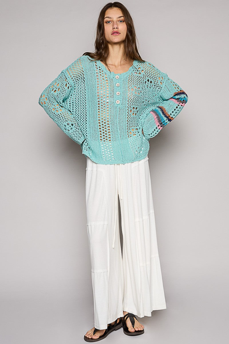 POL Round Neck Long Sleeve Stripe Sleeve Sweater Top