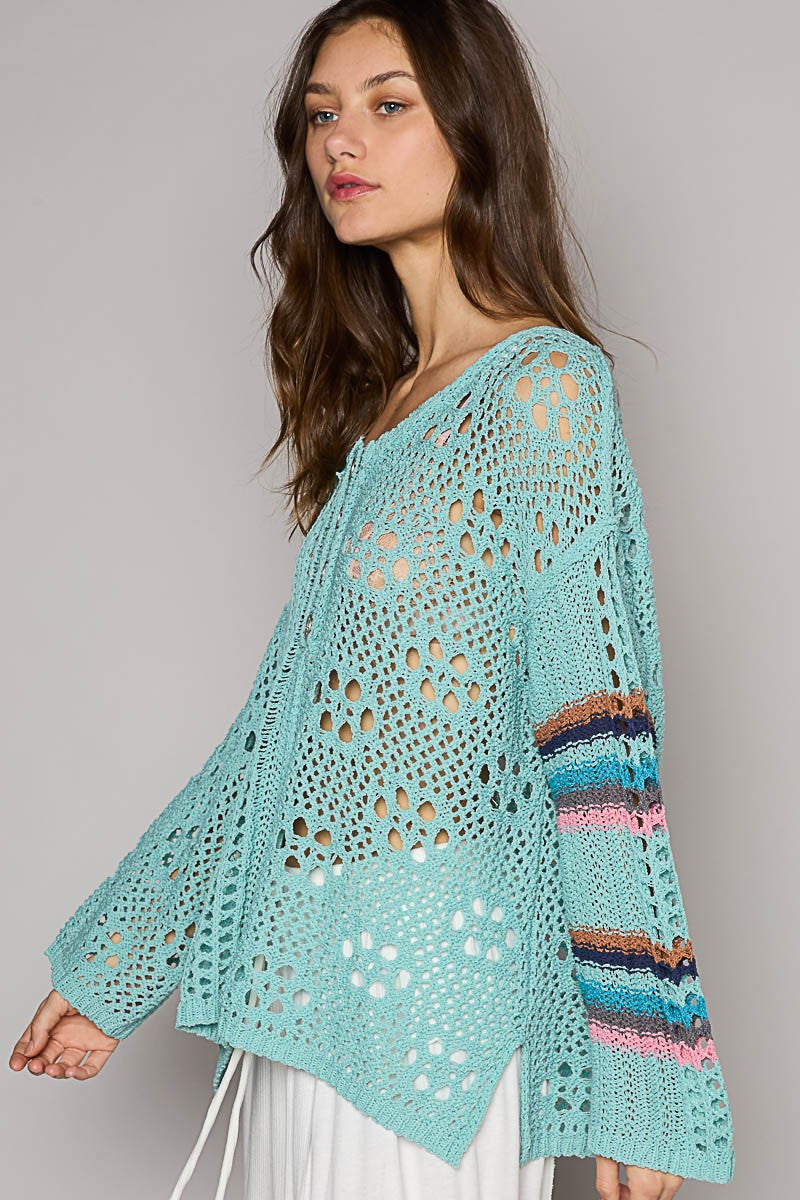 POL Round Neck Long Sleeve Stripe Sleeve Sweater Top