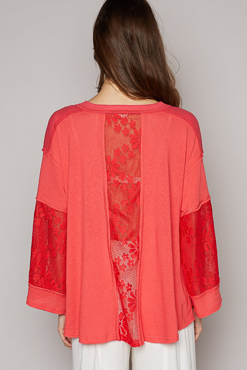 POL Round Neck Button Placket Lace Mixed Knit Top