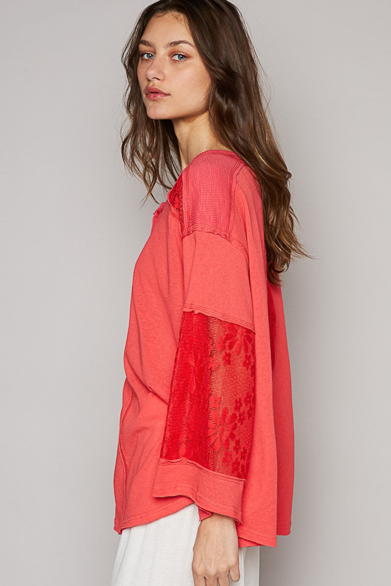 POL Round Neck Button Placket Lace Mixed Knit Top