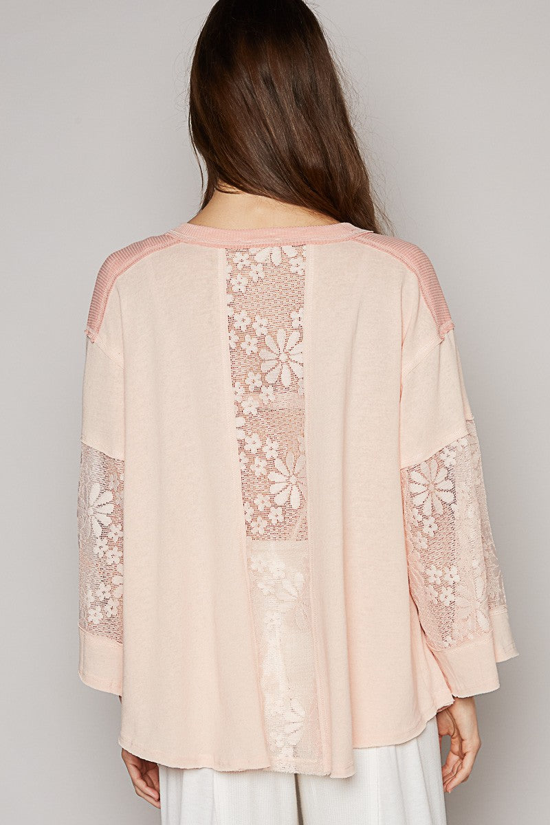 POL Round Neck Button Placket Lace Mixed Knit Top