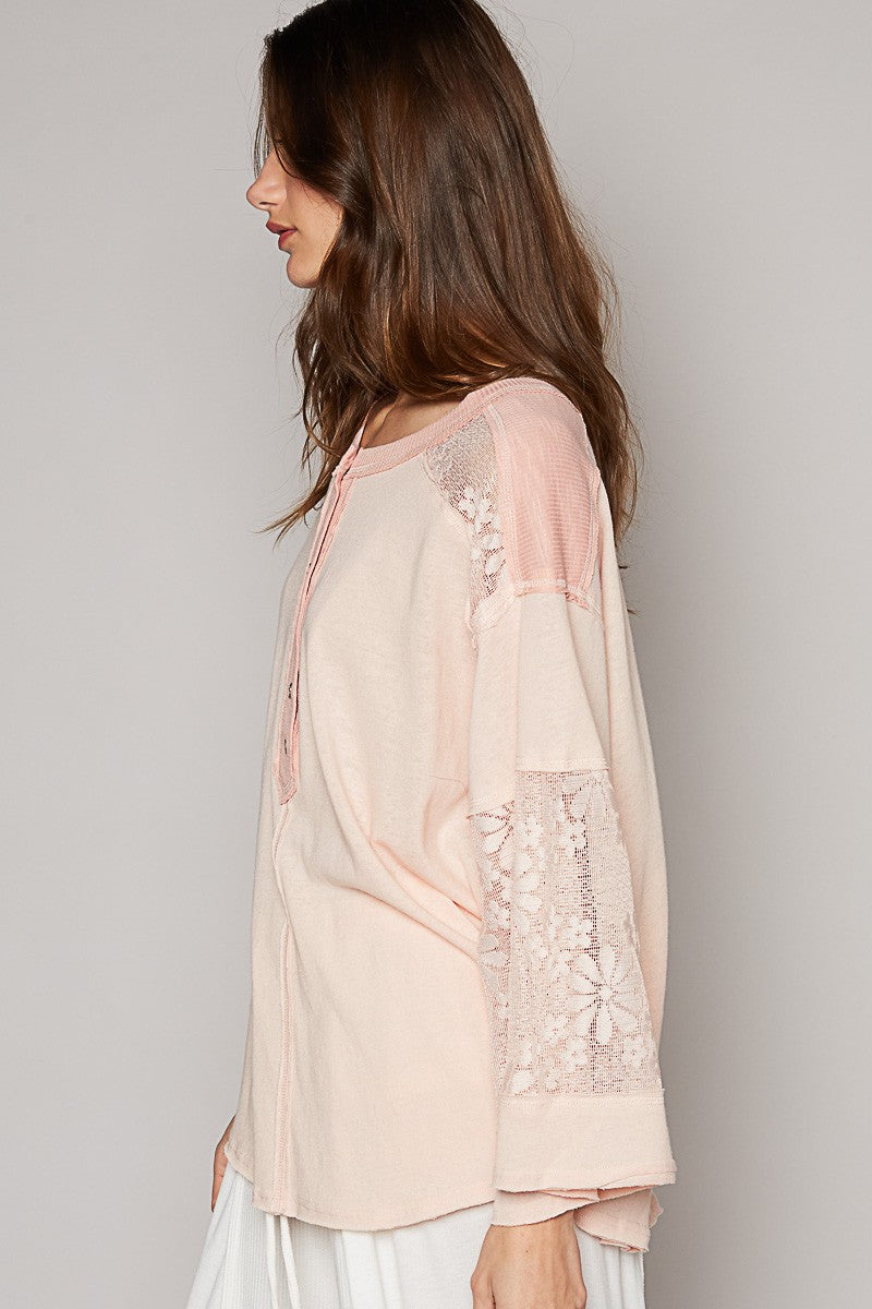 POL Round Neck Button Placket Lace Mixed Knit Top