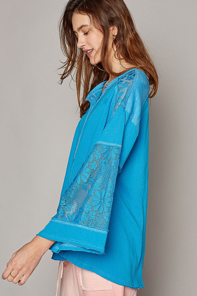 POL Round Neck Button Placket Lace Mixed Knit Top