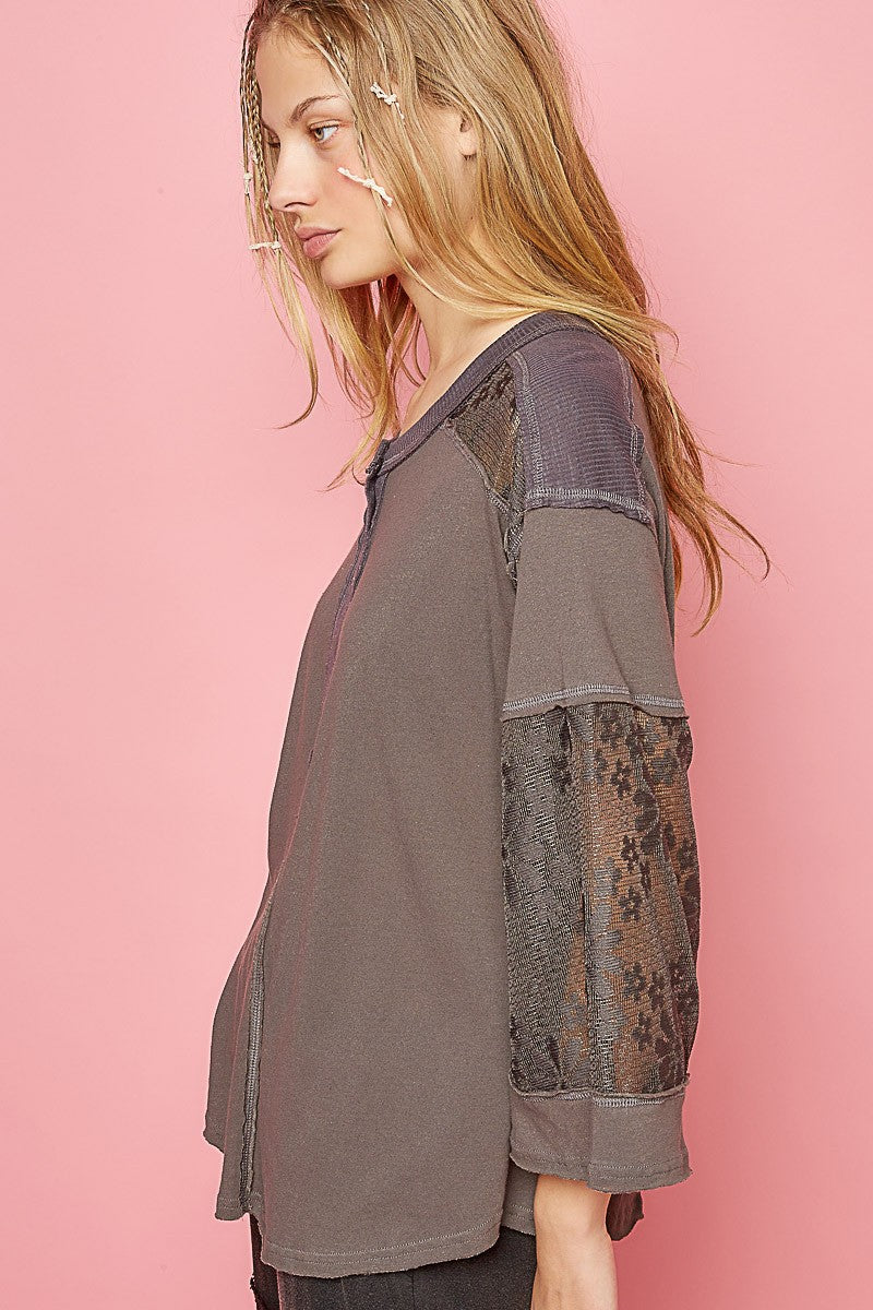 POL Round Neck Button Placket Lace Mixed Knit Top