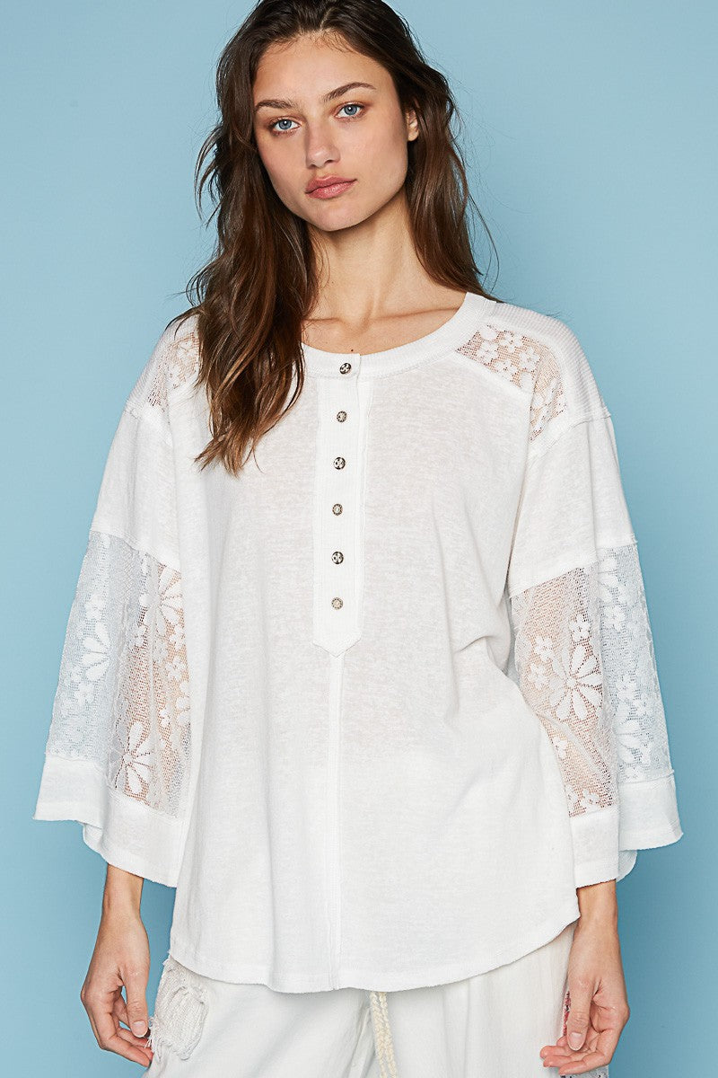 POL Round Neck Button Placket Lace Mixed Knit Top