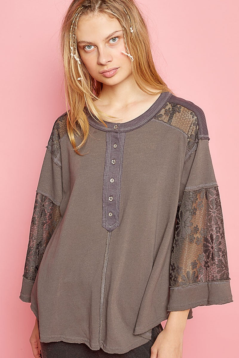 POL Round Neck Button Placket Lace Mixed Knit Top