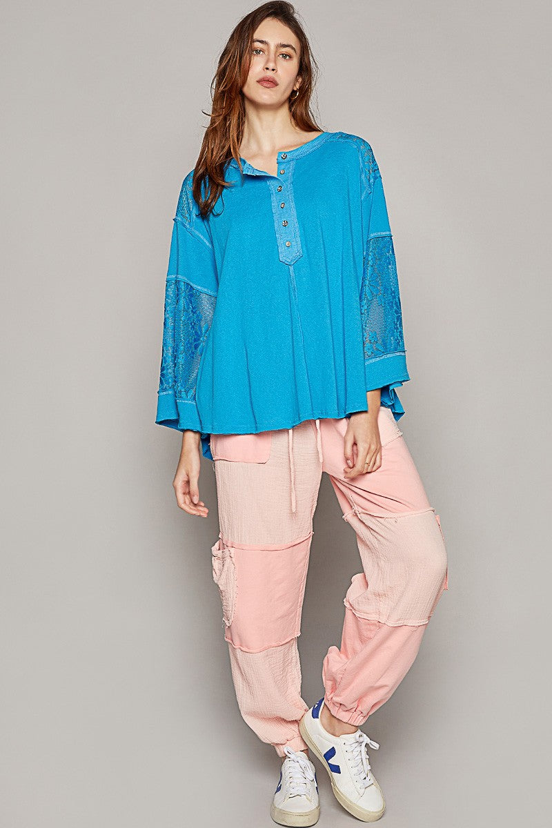 POL Round Neck Button Placket Lace Mixed Knit Top