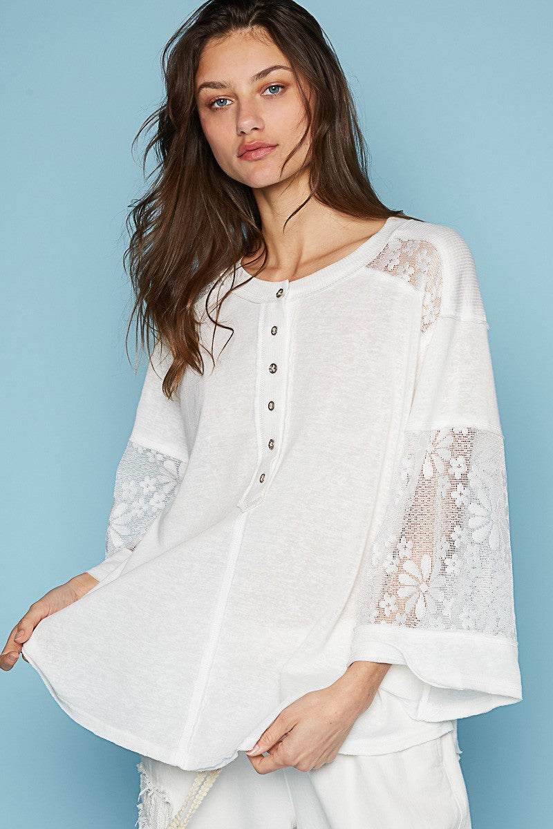 POL Round Neck Button Placket Lace Mixed Knit Top