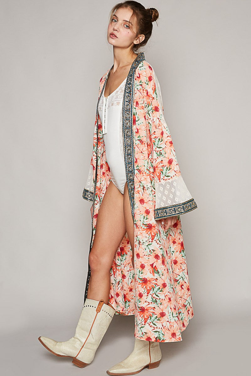 POL Long Sleeve Floral Ruffle Lace Patch Cardigan Top