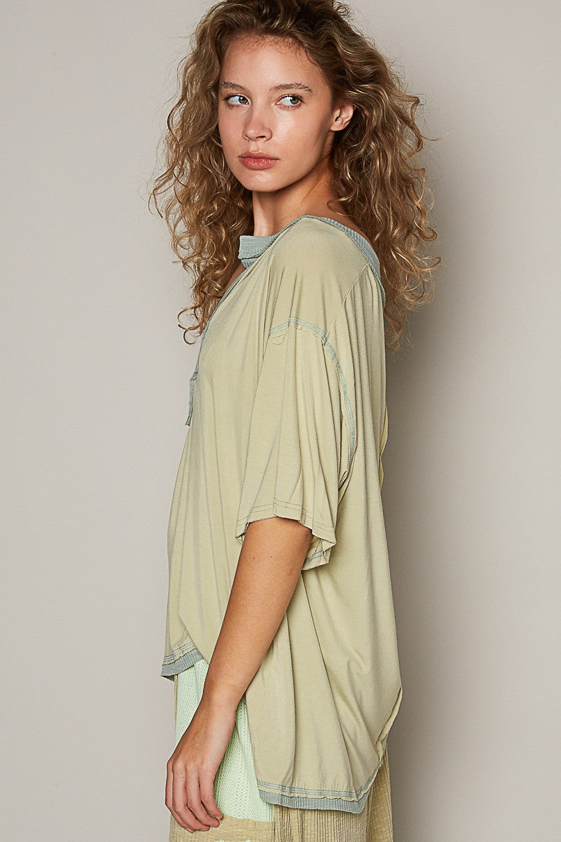 POL Oversize V Henly Neck Short Sleeve Solid Top