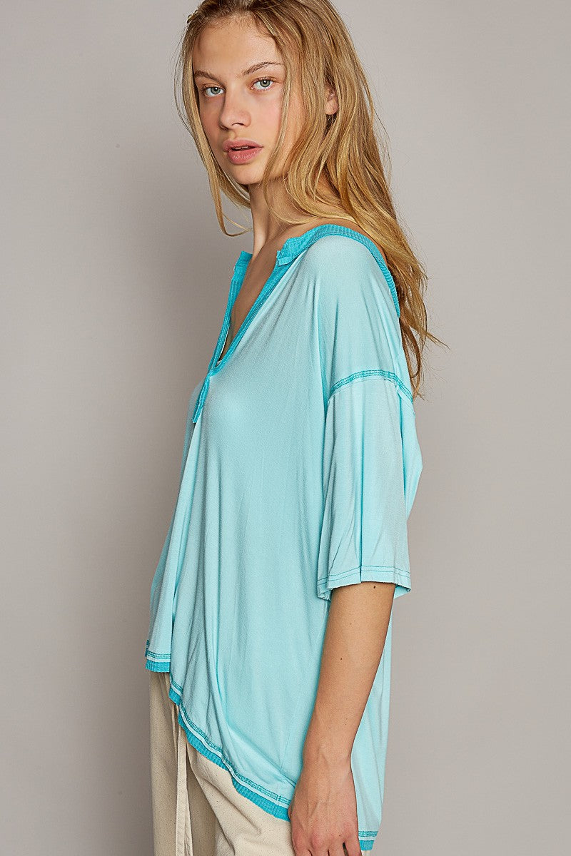 POL Oversize V Henly Neck Short Sleeve Solid Top