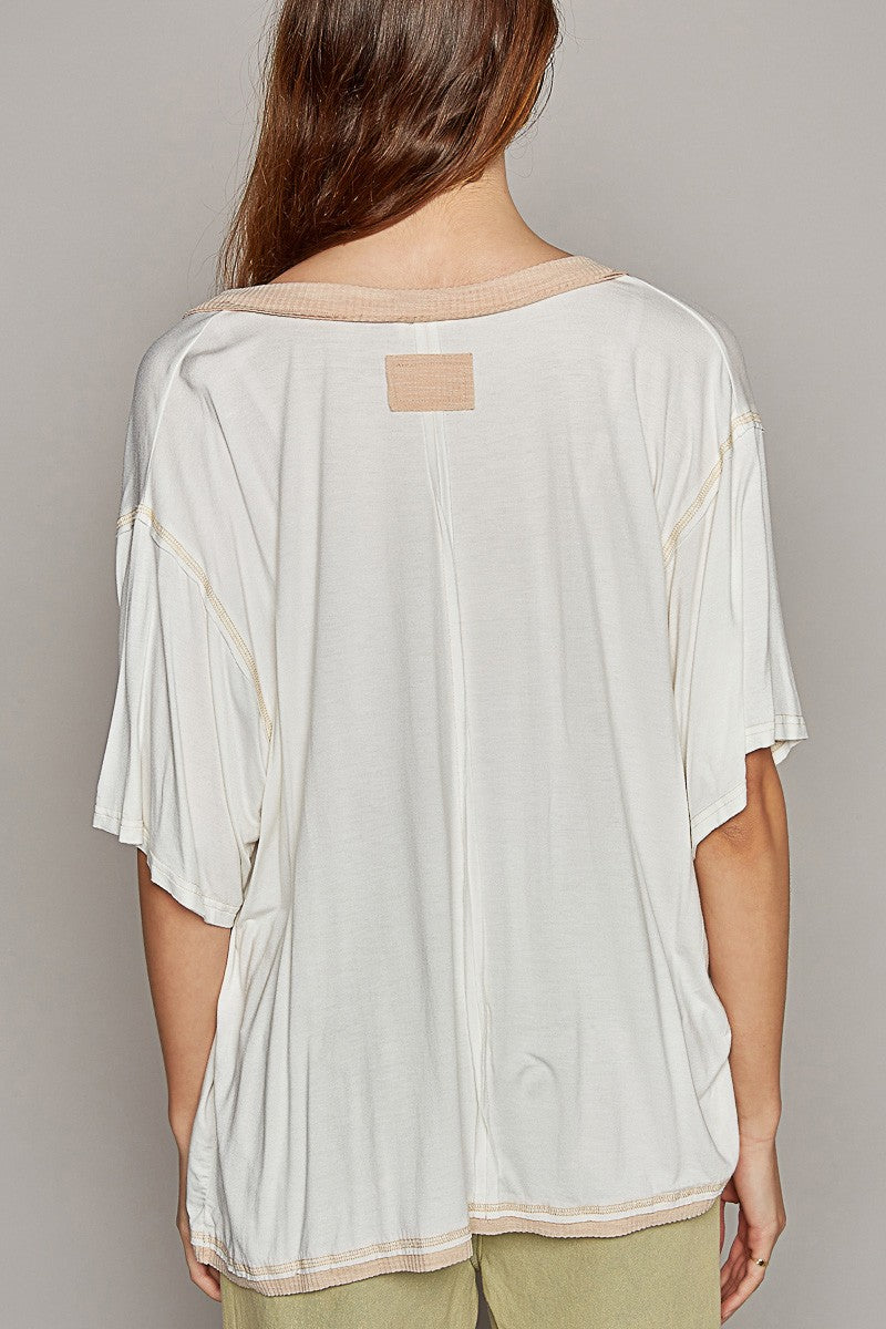 POL Oversize V Henly Neck Short Sleeve Solid Top