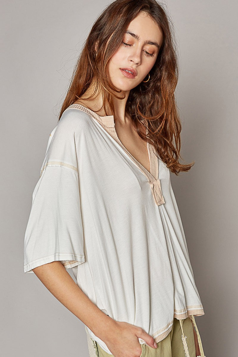 POL Oversize V Henly Neck Short Sleeve Solid Top