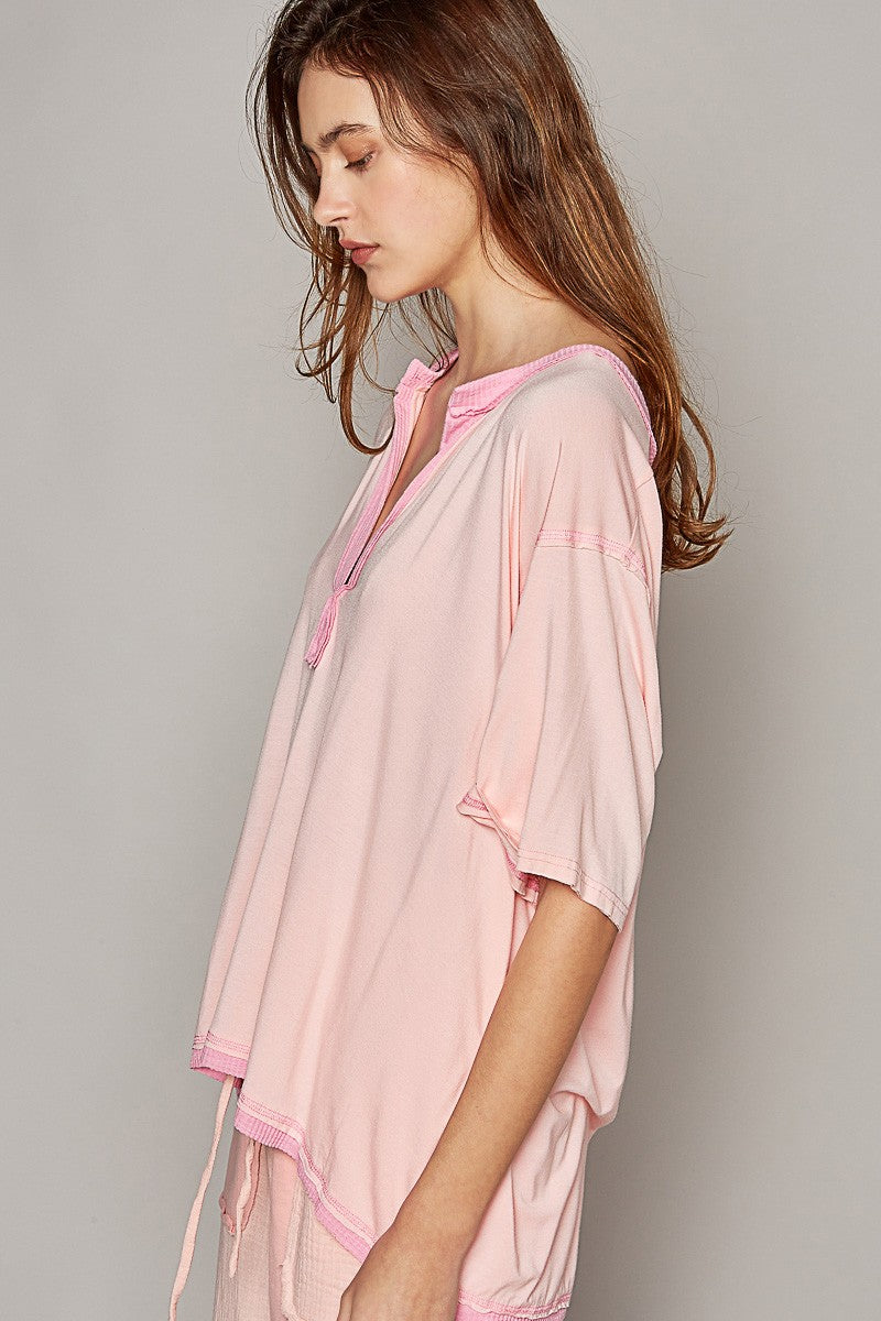 POL Oversize V Henly Neck Short Sleeve Solid Top