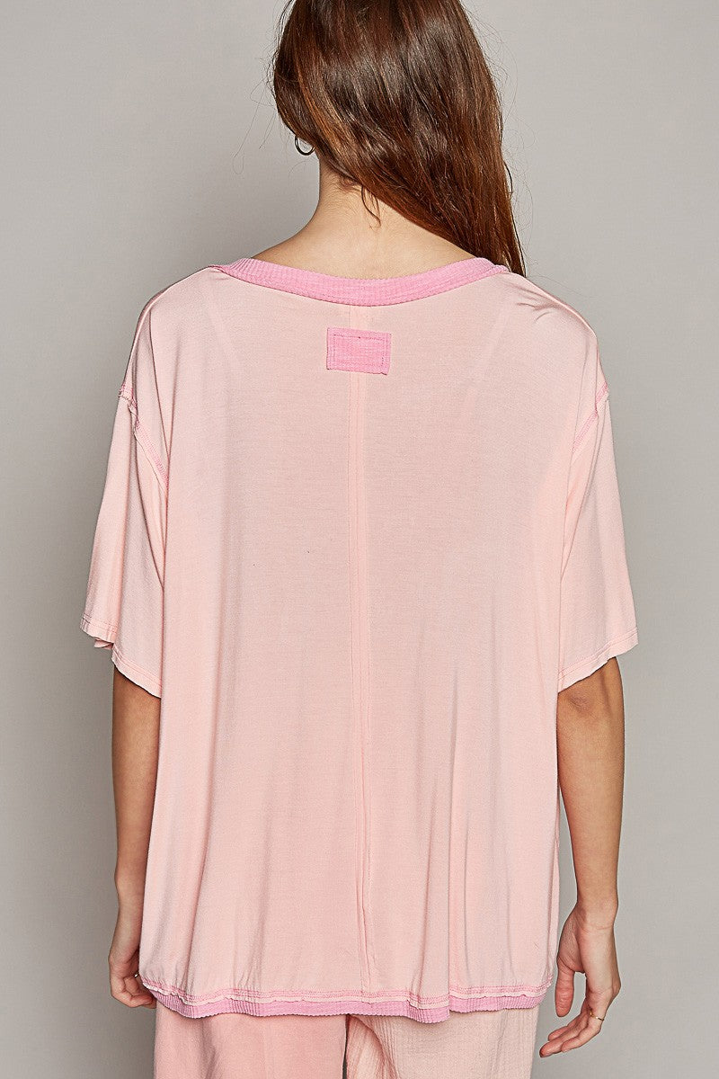 POL Oversize V Henly Neck Short Sleeve Solid Top