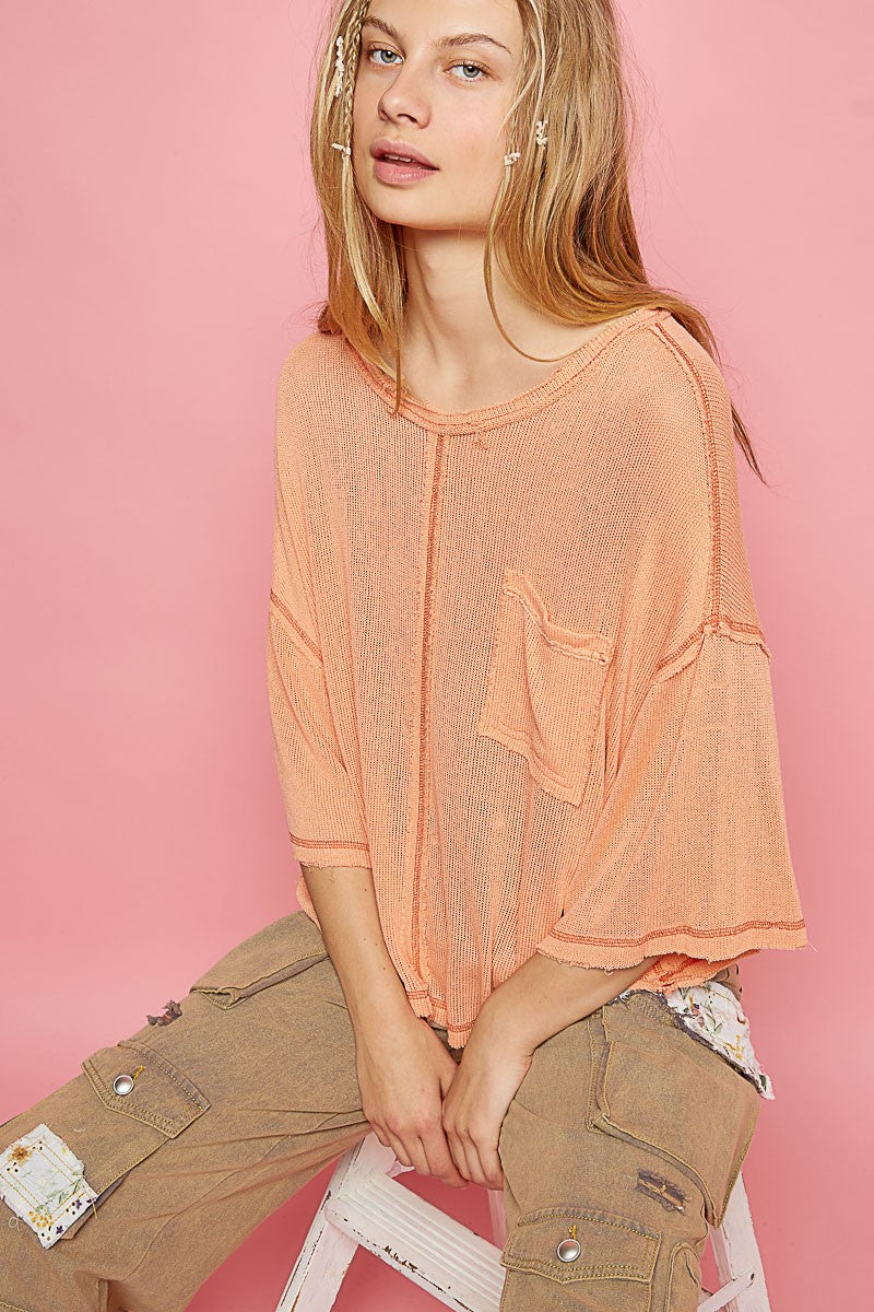 POL Oversize Short Sleeve Round Neck Solid Sweater Top