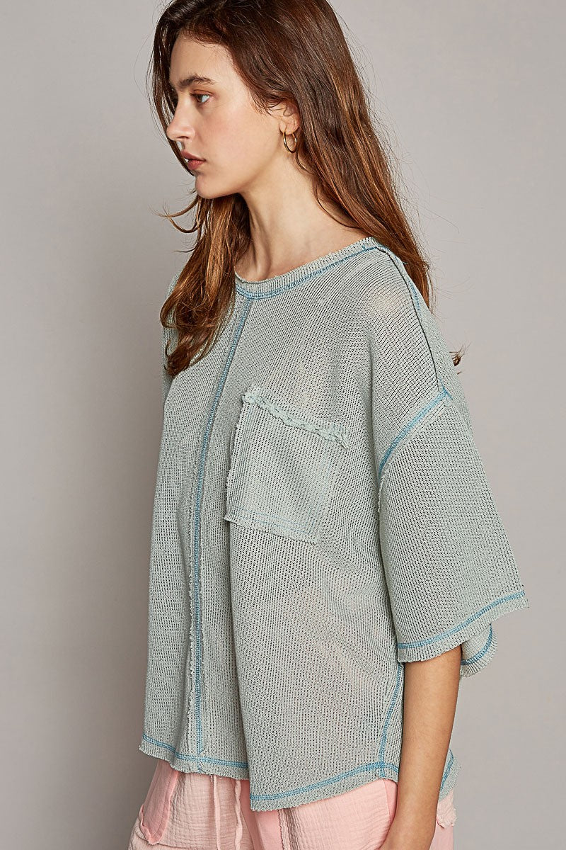 POL Oversize Short Sleeve Round Neck Solid Sweater Top