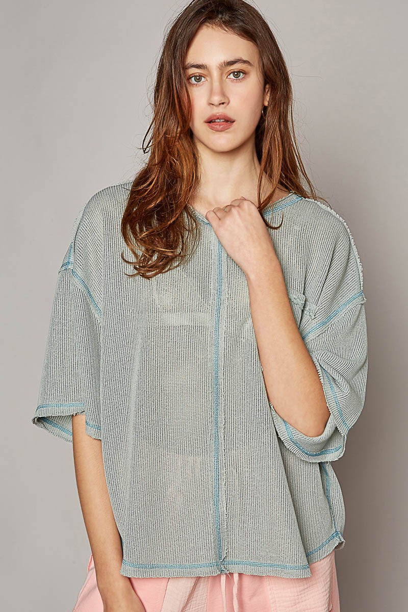 POL Oversize Short Sleeve Round Neck Solid Sweater Top