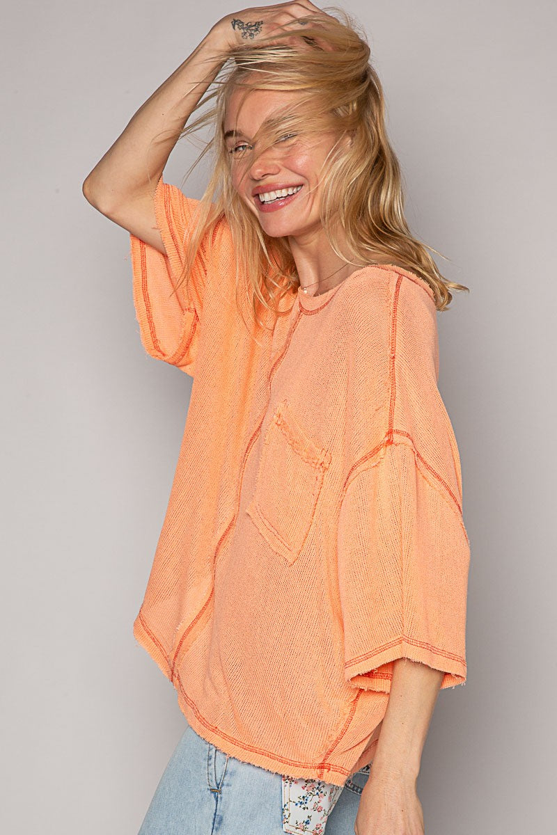 POL Oversize Short Sleeve Round Neck Solid Sweater Top