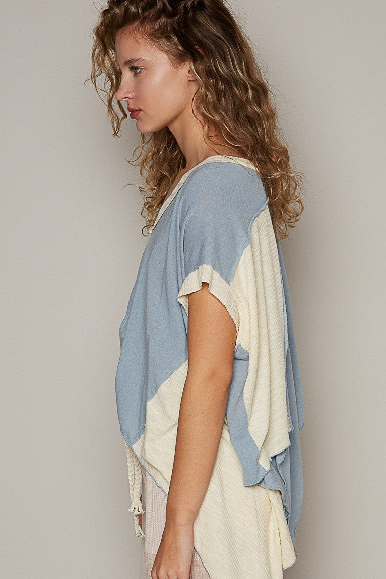 POL Oversize V Neck Sleeveless Color Block Top