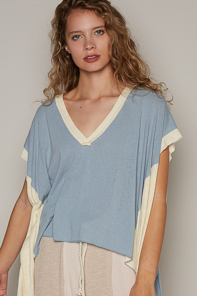 POL Oversize V Neck Sleeveless Color Block Top