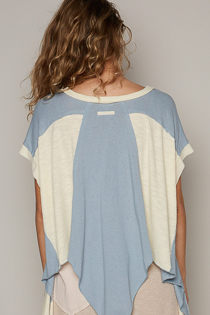 POL Oversize V Neck Sleeveless Color Block Top