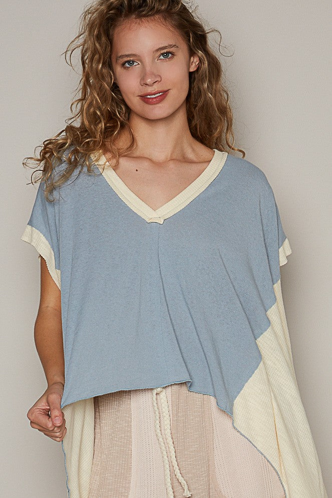 POL Oversize V Neck Sleeveless Color Block Top