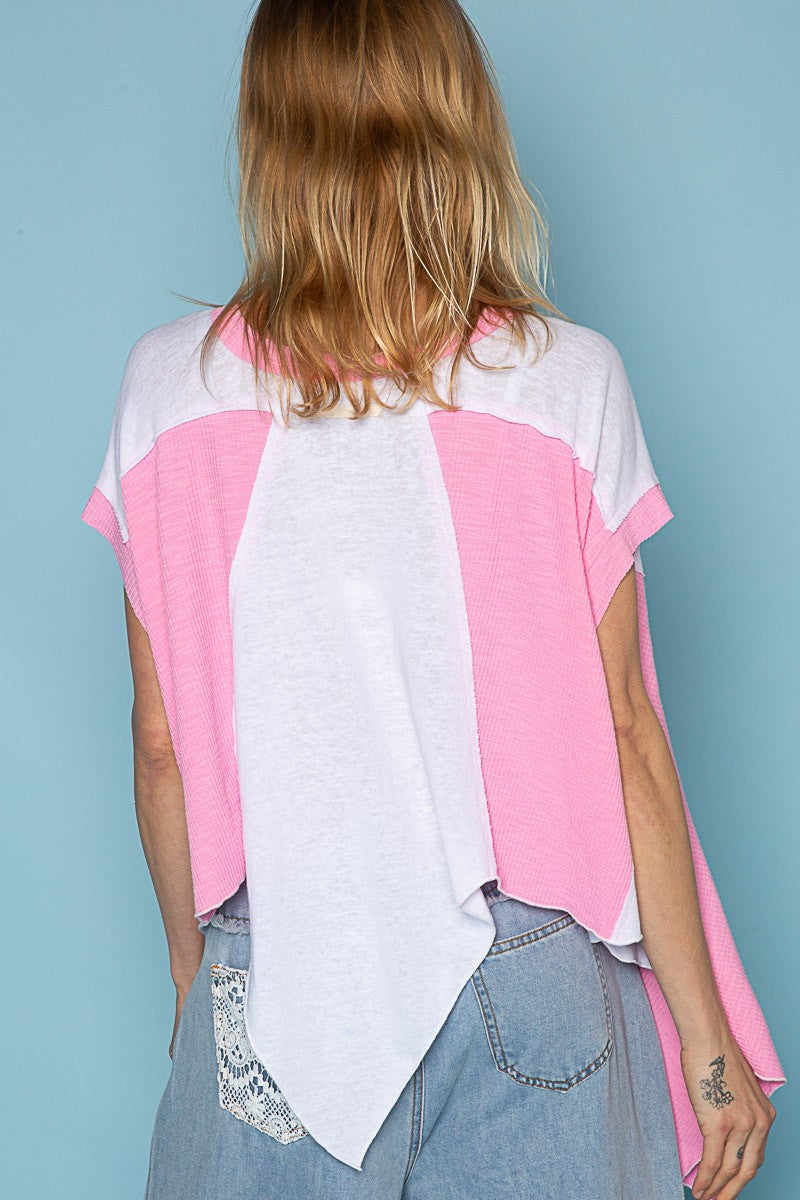 POL Oversize V Neck Sleeveless Color Block Top