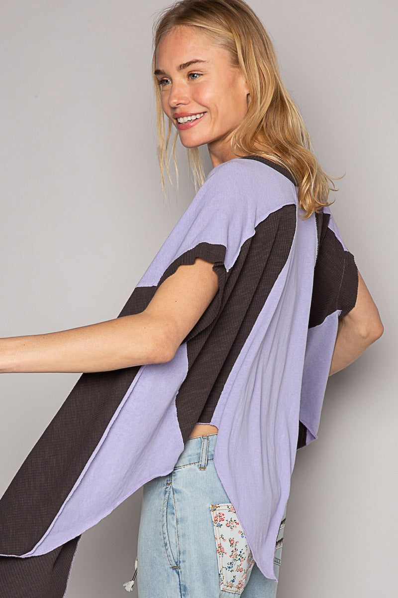 POL Oversize V Neck Sleeveless Color Block Top